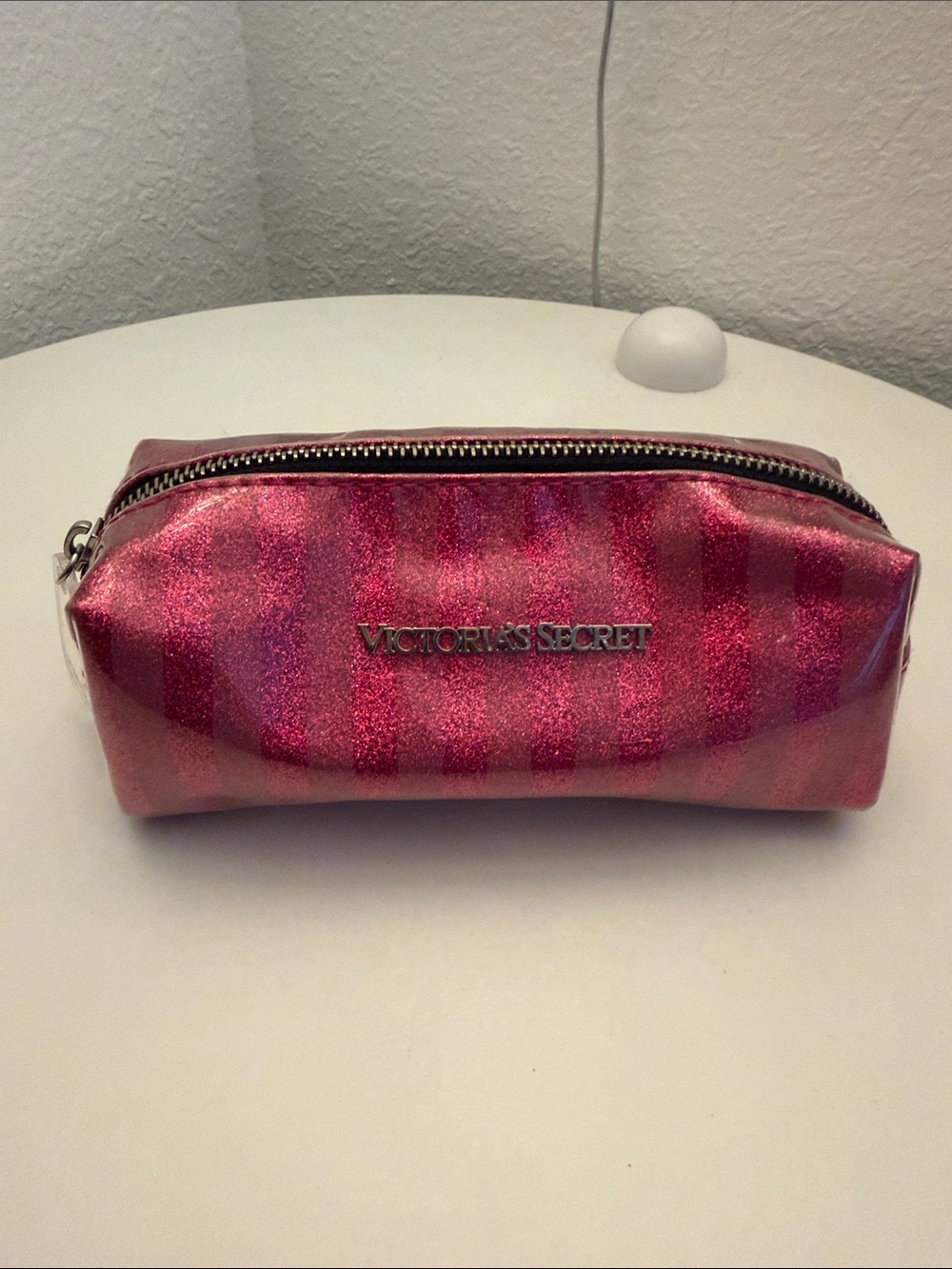 Victoria's Secret Shimmery Pink Striped Cosmetic Case
